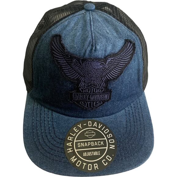 Harley Davidson Denim Trucker Snapback Adjustable Cap Hat Brand New - Picture 3 of 13